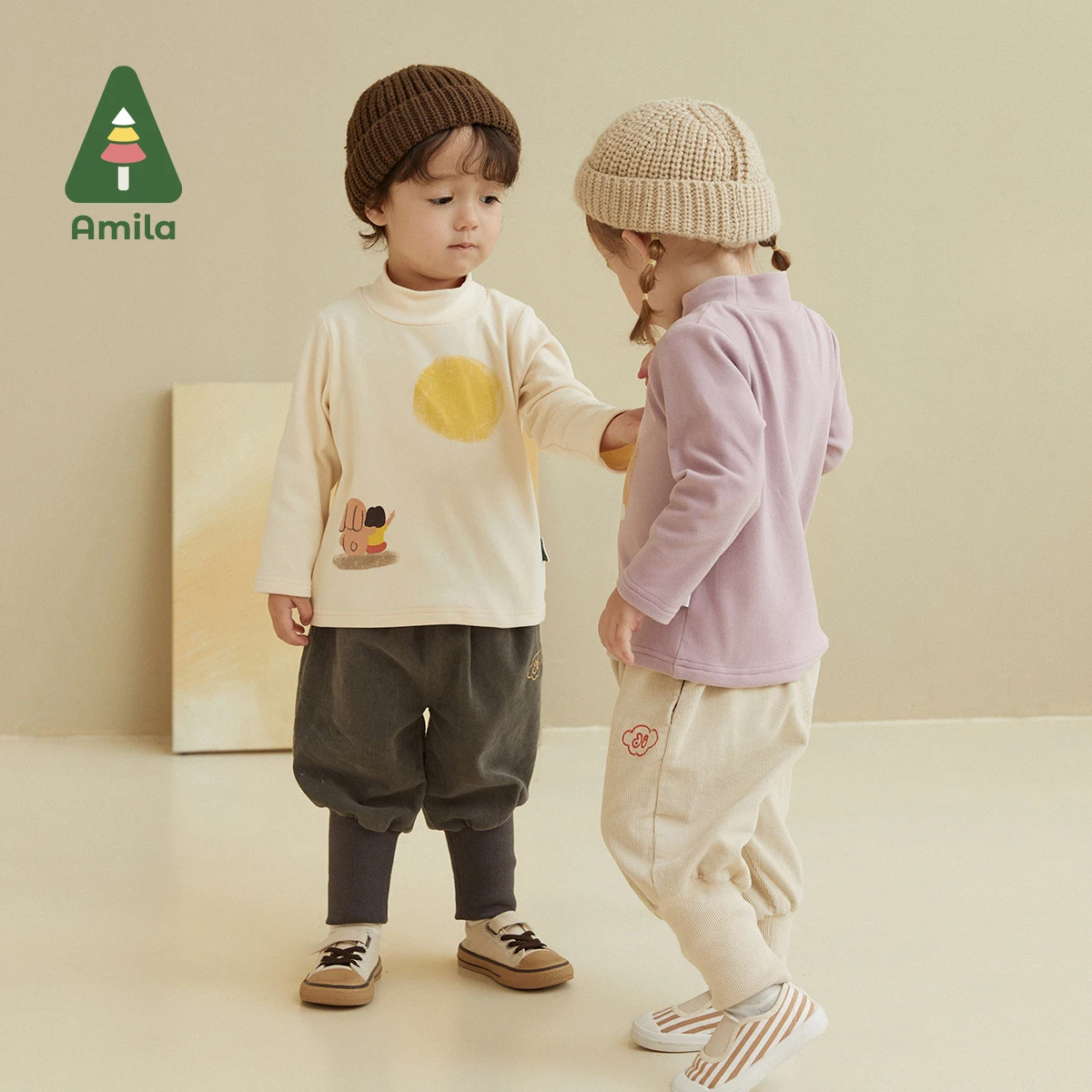 Amila Baby T-shirt Autumn High-collar Long Sleeves For Boys and Girls Soft Moon Rabbit Children Clothes Cartoon