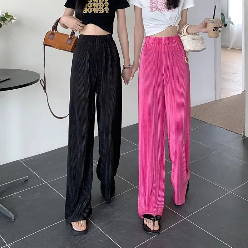 Trousers Ice Shreds Cool Straight Cylinder Woman High Waisted Pendant Pleating Wide Legs Loose Fitting Leisure Mopping The Floor