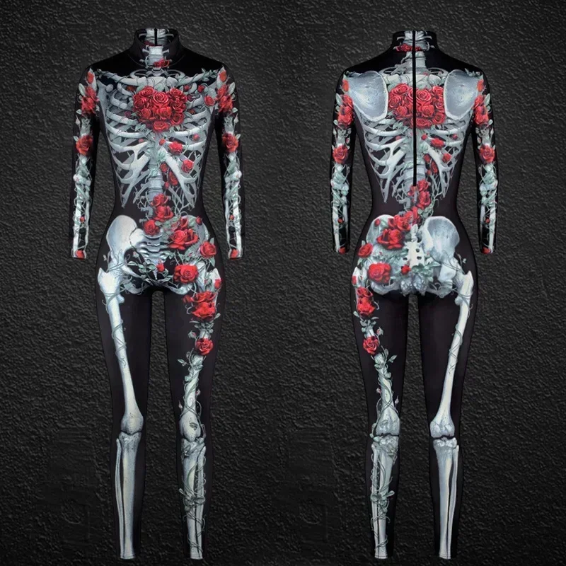 Halloween Women Adult Cospla Jumpsuit Skeleton Bodysuit Party Zombies Printed Long Sleeved Scary Costumes For Women,4 Colors
