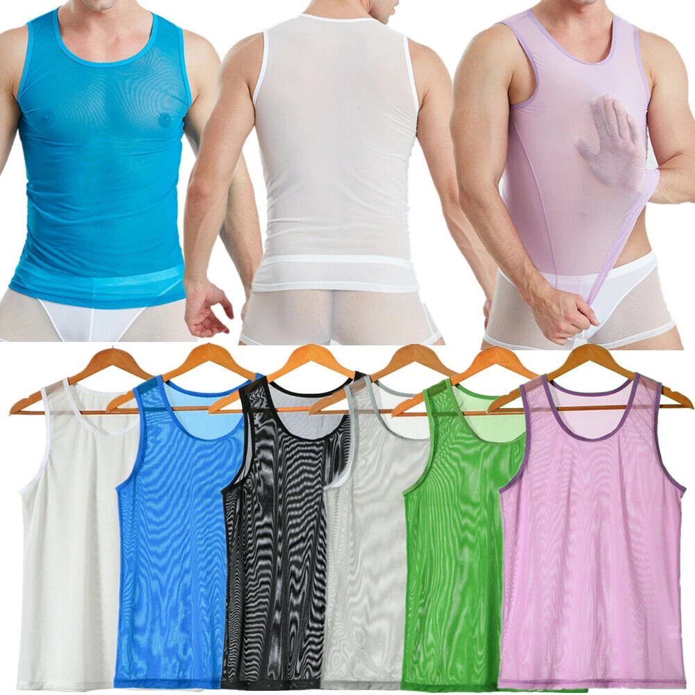 Business Casual Comfy Shirts Tops Beach Breathable Gym Mesh Muscle See-through Sheer Shirt String Vest Tank Tops