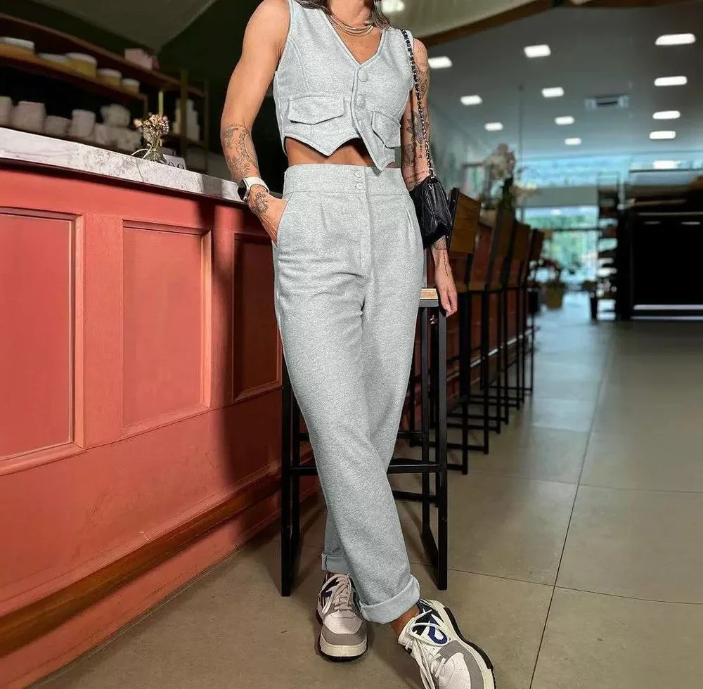 Two Piece Set Woman 2024 New Fashion V-Neck Sleeveless Buttoned Vest Top Y2k & Casual Daily High Waist Pants Suits for Female