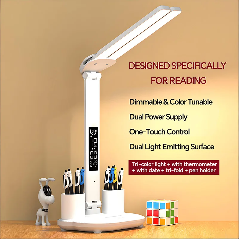Dual-Head LED Desk Lamp with Pen Holder, Smart Display, 3-Level Dimmable, Blue Light Blocking, No Flicker, Eye-Caring for Study