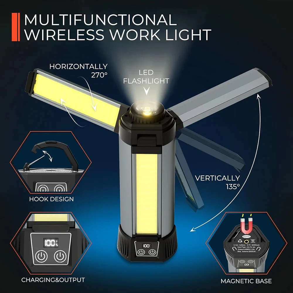 USB Rechargeable LED Work Light with Stand Cordless Lantern Multifunction Camping Handlamp Outdoor Warning Lamp Folding Bracket