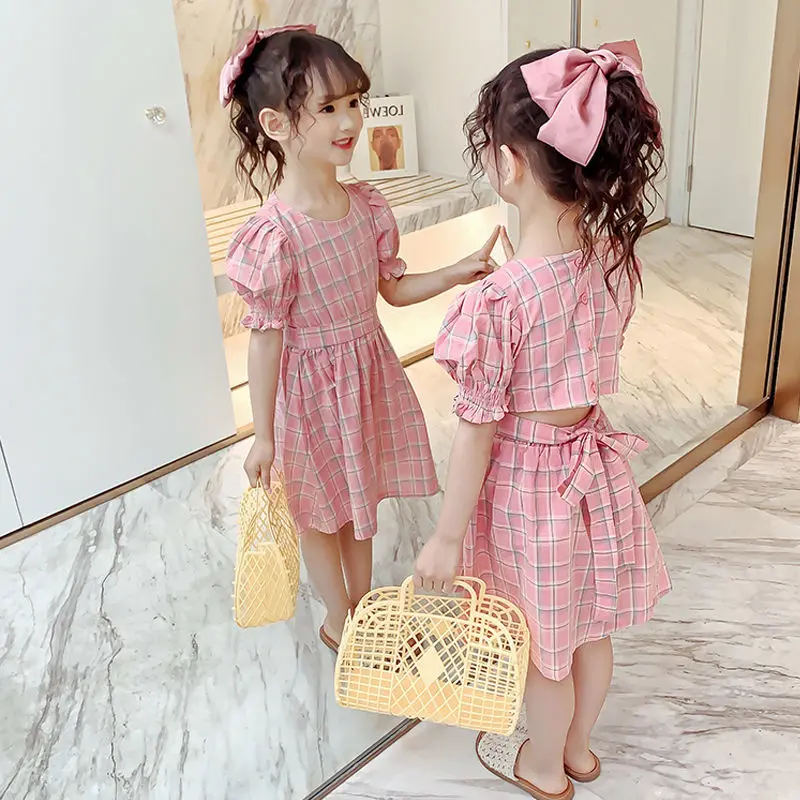 

Summer Party Dress for Kids Girl Fashion New Korean Child Checked Short-sleeved Princess Dress Avant-garde Design Baby Clothes