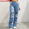 Butterfly Printing Denim Trousers Women Holes Jeans Straight Pants High Waist Loose Fit Vintage 2026 Casual Distressed Denims