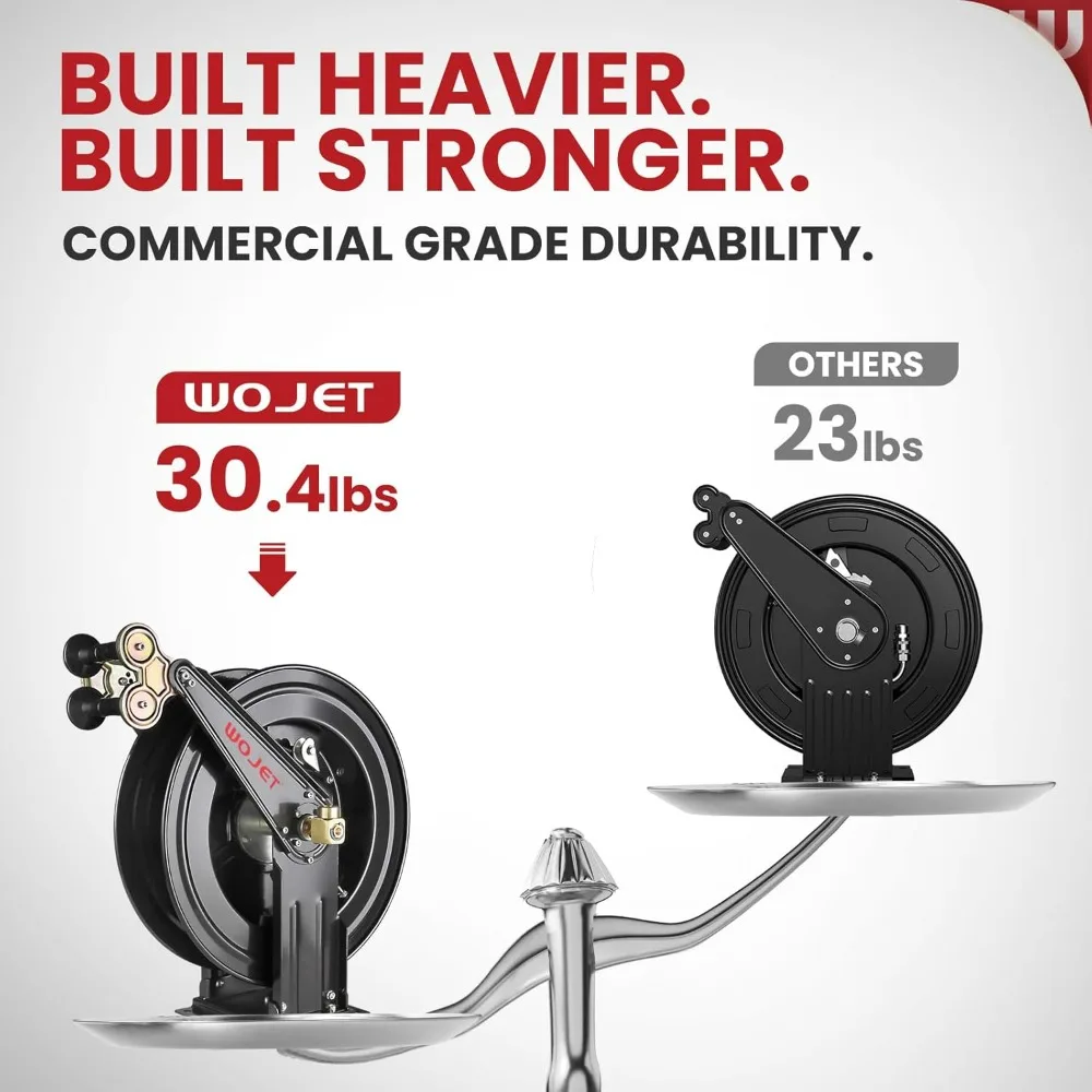 50-Foot Retractable Hose Reel for Pressure Washers, 3/8-Inch Diameter, Suitable for Water, Air, and Oil, Heavy-Duty Steel Constr