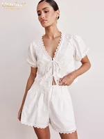 Clacive Sexy Loose White Cotton 2 Piece Sets Women Outfit 2025 Summer Short Sleeve Shirt With High Waist Shorts Set Streetwear - Image 3