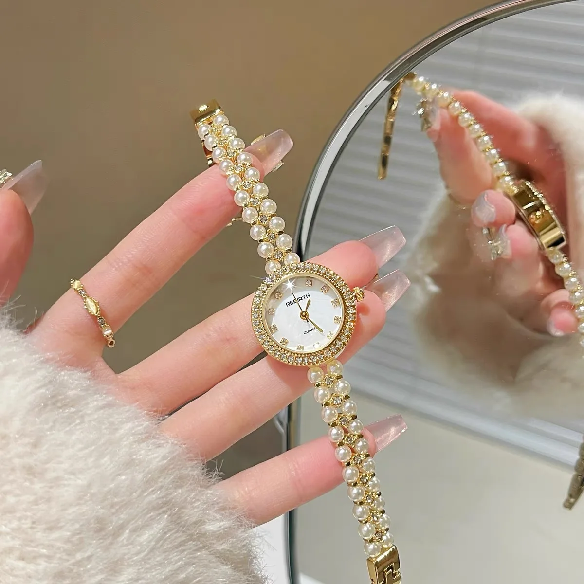 ساعة سوار فاخرة جديدة مرصعة باللؤلؤ، ساعة كوارتز ن...