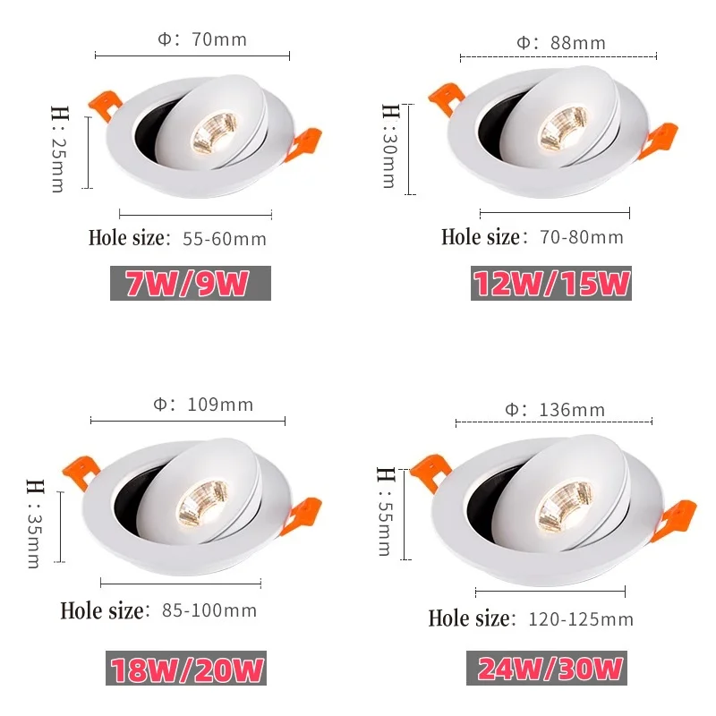 LED 스팟 다운라이트 매입형 천장등 AC85-265V 디밍 가능 화이트 블랙 실내 360도 ° 조절 가능한 거실