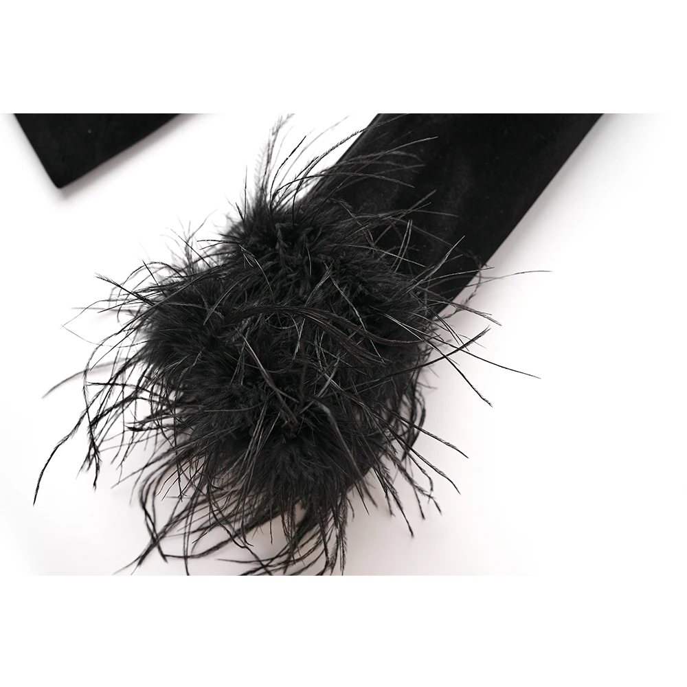 New Autumn Winter Women Black Fluffy Feather Patchwork Fashion Classic Velvet Blazer Quality Jackets 5