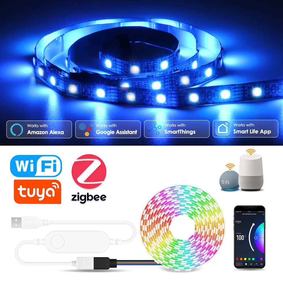 Smart Zigbee USB Led Lights Tuya Wifi RGB Led Strip Light Led TV Back Lighting 5V RGBW Flexible Led Tape Work With Alexa Google