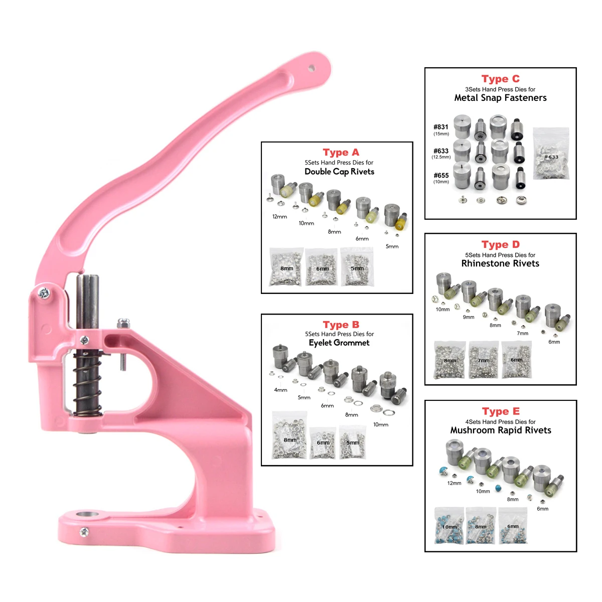 

KALASO Pink Accurate Hand Press Machine For Eyelet Grommet Or Double Cap Rivets Snap Buttons Dies Mould Tool Craft Diy Supplies