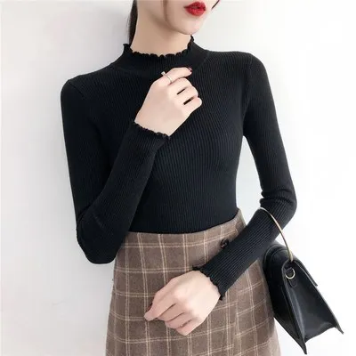 Autumn Winter Slim Fit Knitted Pullovers Women Long Sleeved Ruched Knit Tops Ladies Casual Half High Collar Knitting Sweater cable knit sweater Sweaters