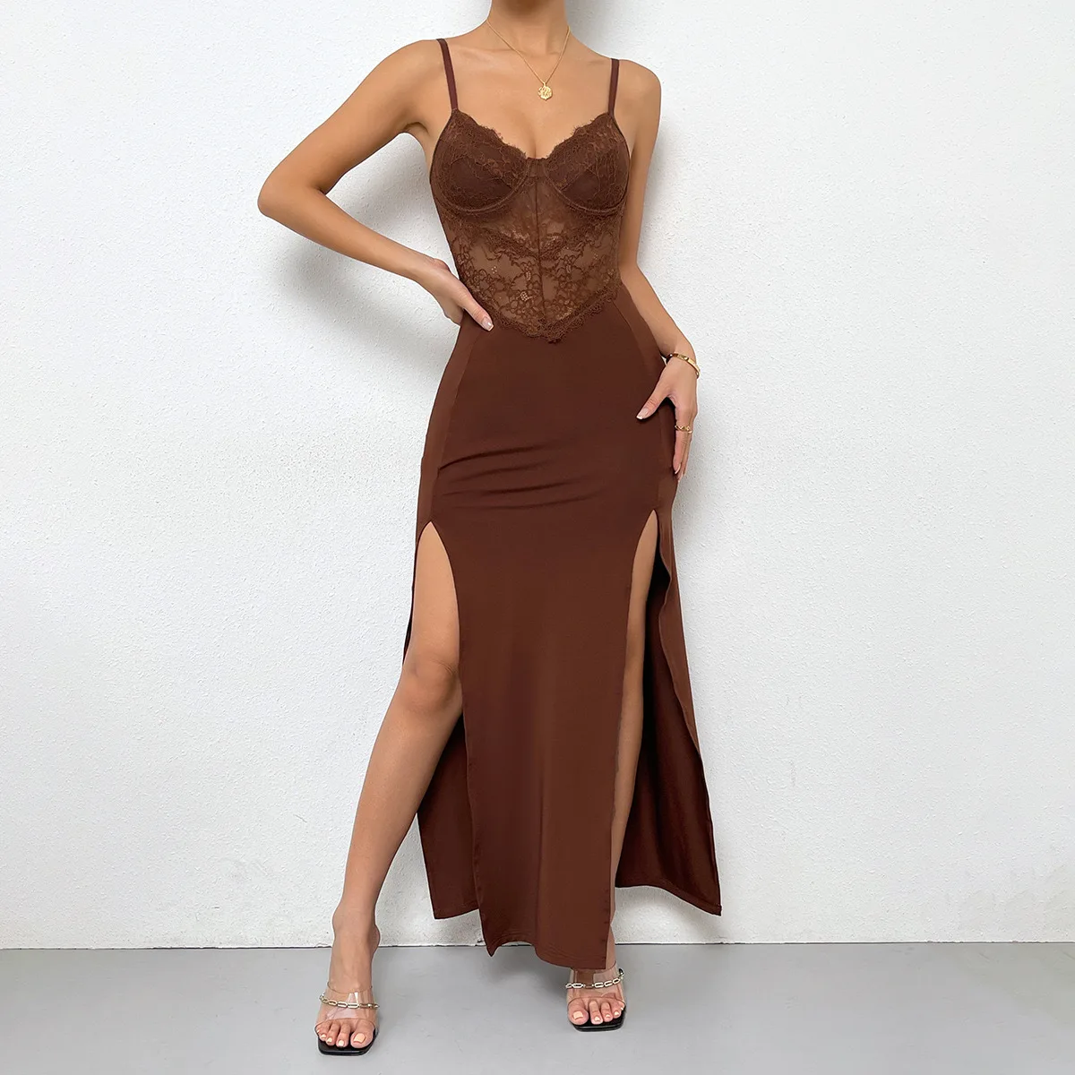 

European and American sexy low-cut stitching high-waisted thin dress slit European and American style suspender long skirt women