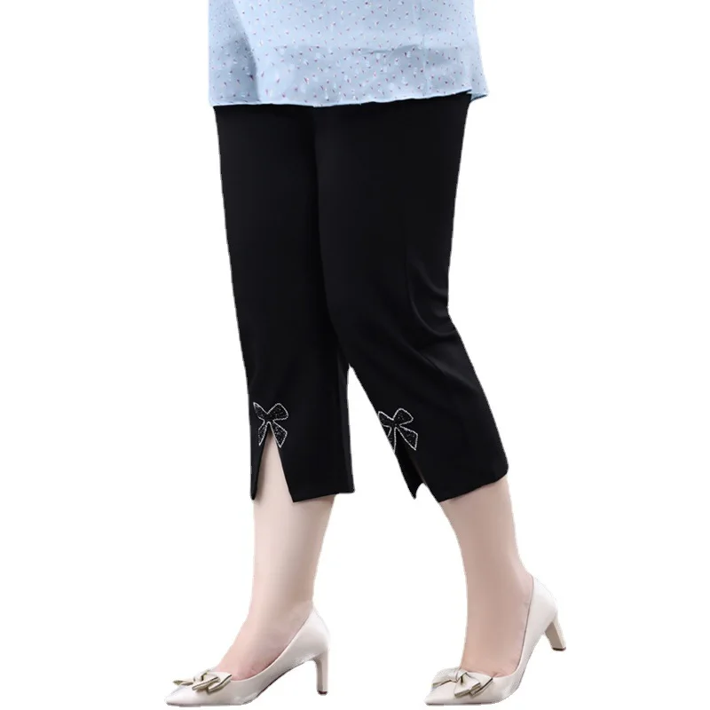 

Large Size Women's Fashion Black Cropped Pants Leggings For Summer Thin High Waisted Elastic Band Stretch Capri Trousers 6XL