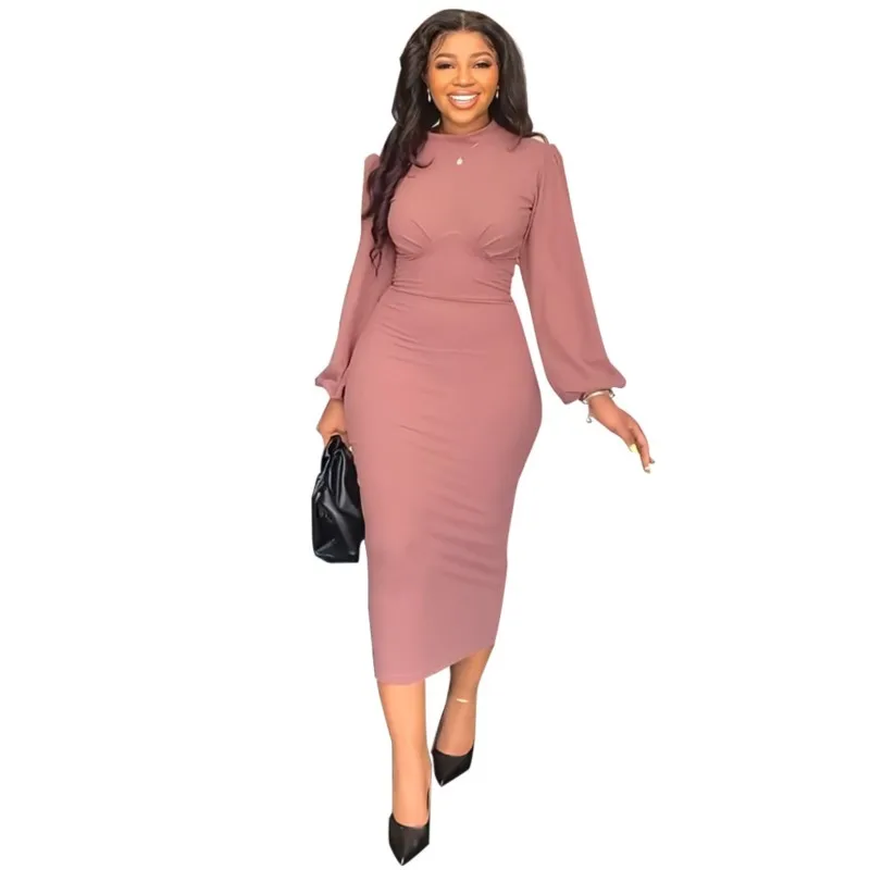 

2023 New Temperament Personalized Sleeves Slim Fit Solid Color Combination One Step Women Dress Vestido Maxi