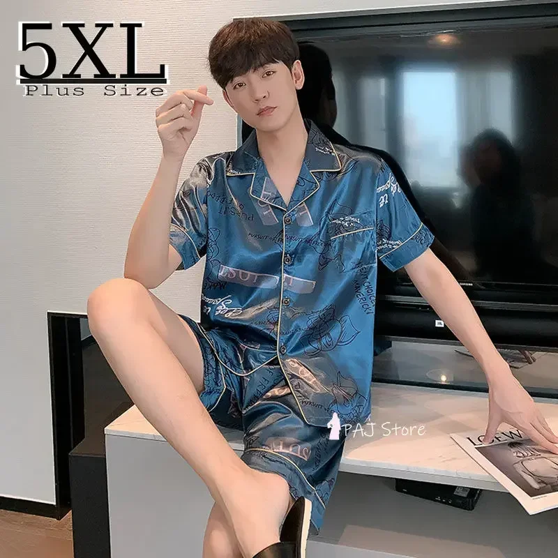 Large Size 5XL Men's Pajama Short's For Summer Satin Set Silk Sleepwear Male Pijama Casual Home Clothes Pyjama Homme Pijamas silk pajamas,man pajamas set,satin pajama set