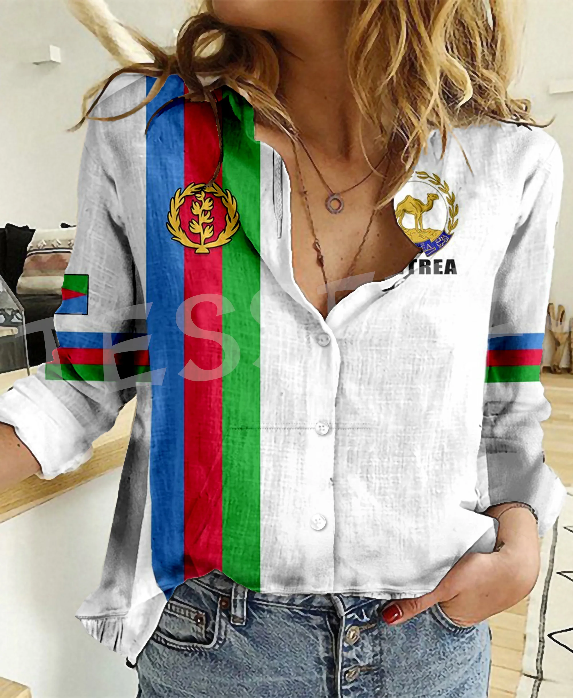 Africa County Eritrea Flag Lion Tattoo Retro Vintage Streetwear 3DPrint Harajuku Women Casual Button-Down Shirts Long Sleeves X3 christmas ugly knitted sweater mushroom santa claus cartoon retro long sleeves 3dprint autumn winter pullover harajuku casual 10