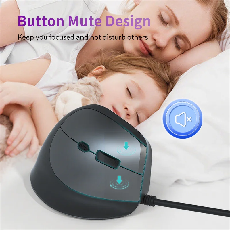 Pulsante muto per mouse verticale cablato 3600 DPI regolabile con tasti laterali Design ergonomico Uso ufficio Mouse per computer Plug and Play - immagine 5