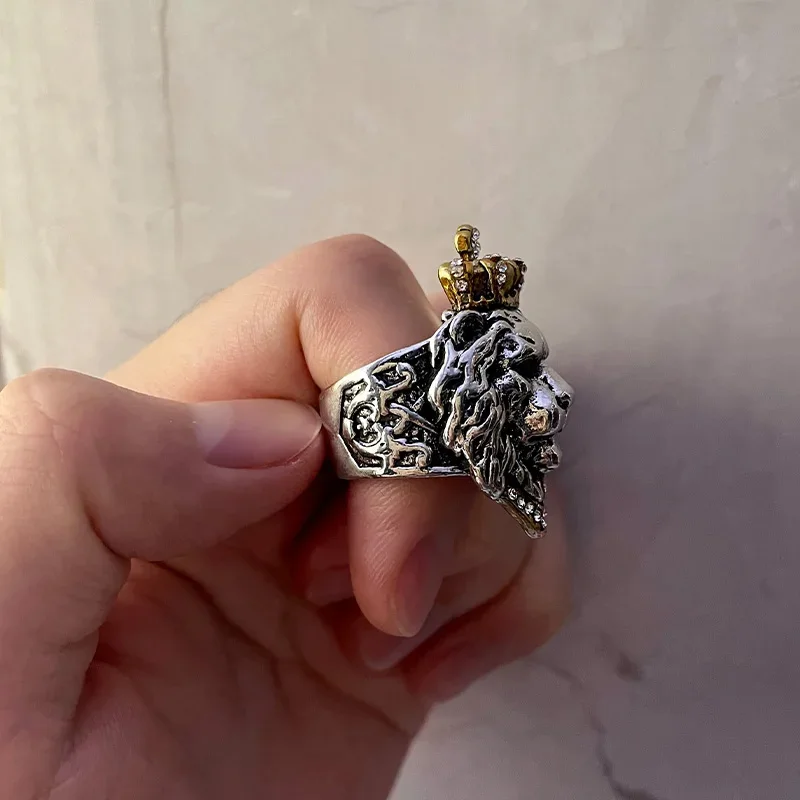 Retro Crown Lion Ring For Men Silver Color Punk Gothic Adjustable Open Ring Rock Hip Hop Handmade Jewelry Accessories Man Gift 6