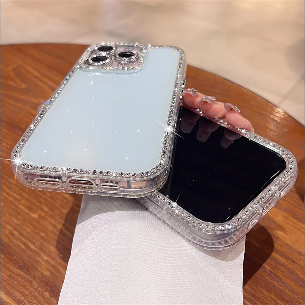 Glitter Rhinestone Candy Color Glossy Phone Case with Luxury Bling Lens Protection and Shockproof Cover