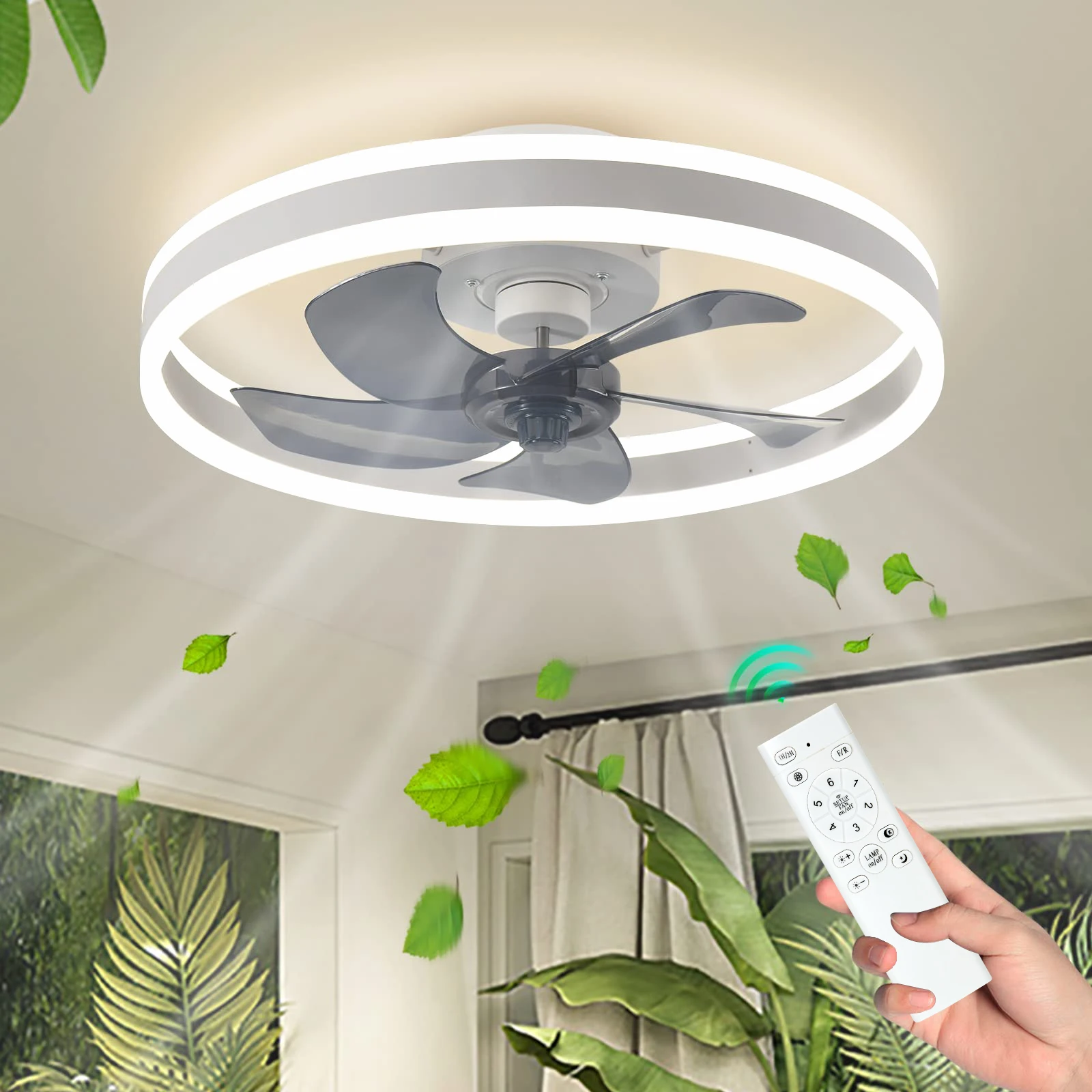 LEDシーリングファン,DCモーター,6速,50cm,低床,リモコン,装飾
