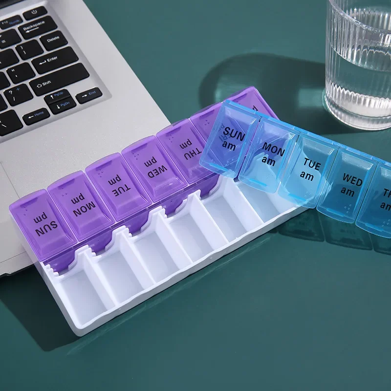 Pill Organizer Weekly Pill Box Organizer Cases Portable 7 Days 14 Grids Pills Container Storage Tablets Vitamins Medicine Fish Oils