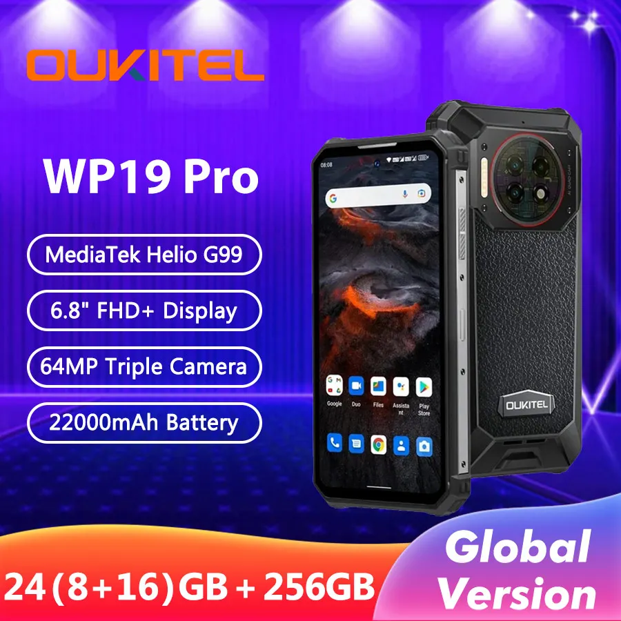 Global Version Oukitel WP19 Pro Rugged Phone 22000mAh 24GB 256GB Smartphone 64MP Camera Helio G99 Cellphone 120Hz Mobile Phone