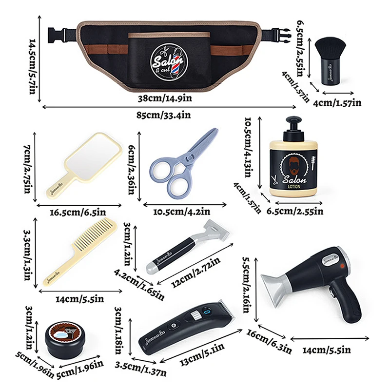 Kids Barber Role Play Set &ndash; Hair Stylist Toy Kit with Clippers, Comb, Razor, Scissors, Mirror, Hair Dryer, Shampoo, Gel & Belt