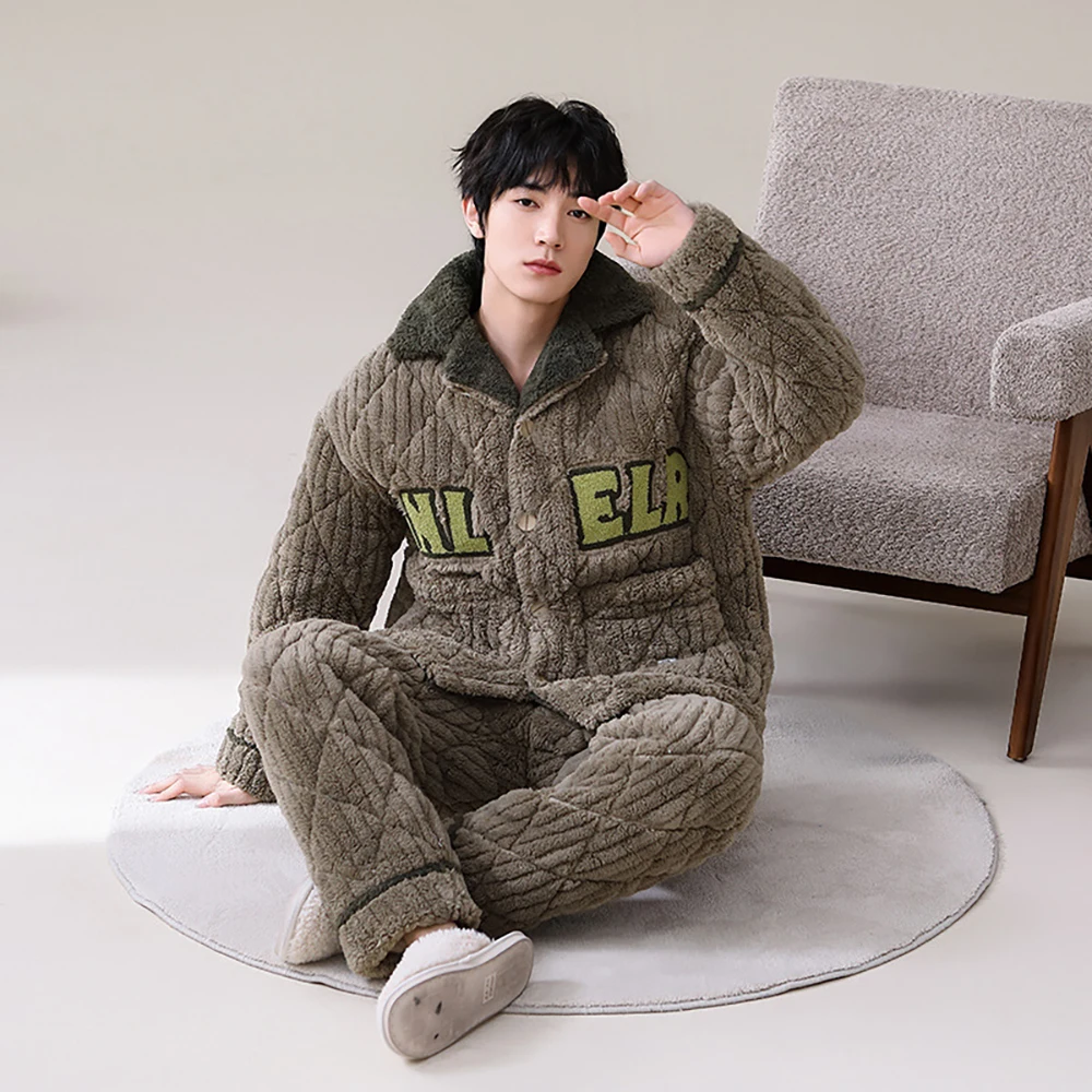 3-Layer Coral Fleece Super Thicken Men's Winter Sleeping Pajamas Set for Sleeping Warm Windproof Sleepwear Casual Plaid Pajama
