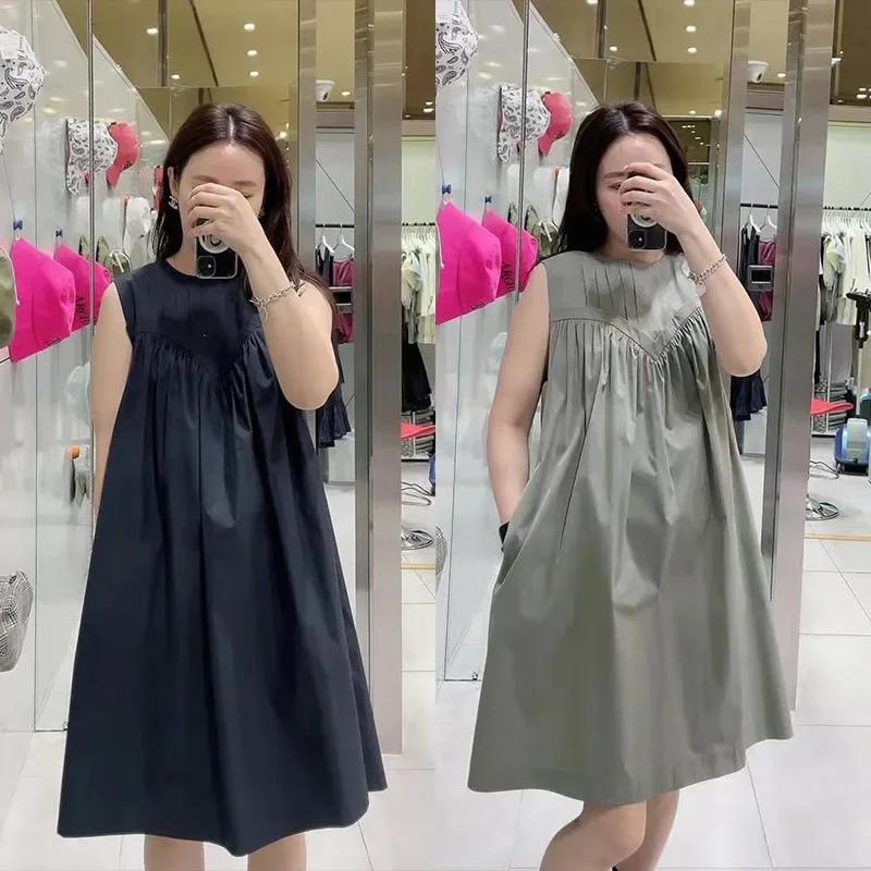

2023 Summer New Literary Retro Bow Tie Round Neck Sleeveless Women Solid Color Dress