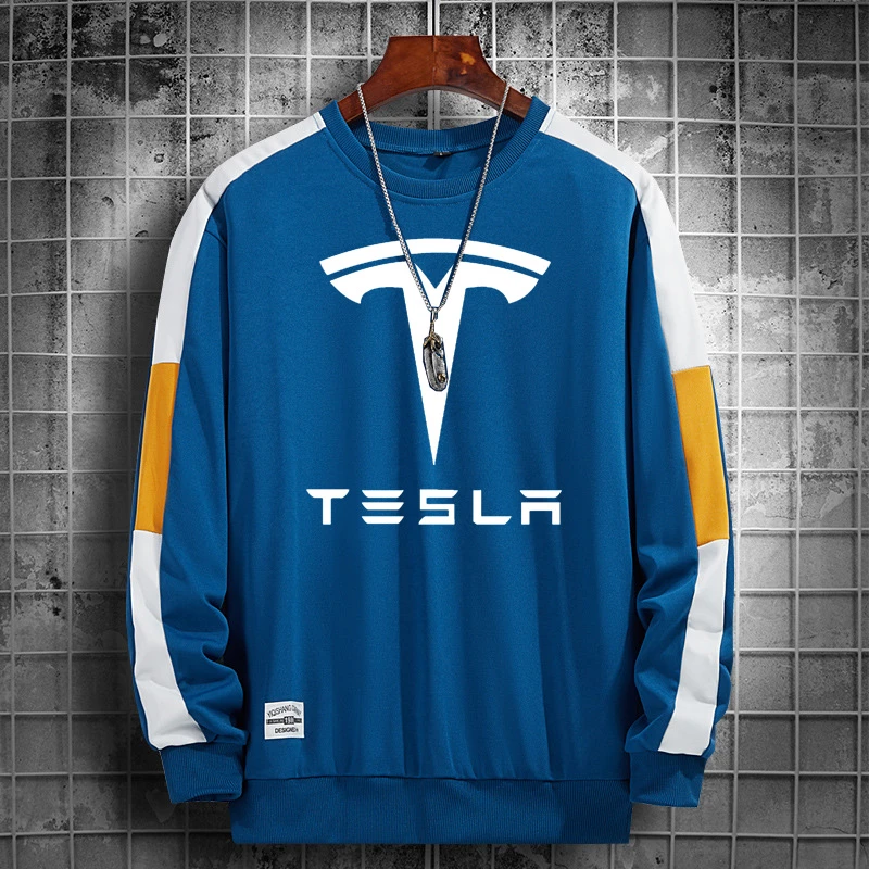 2022 Spring and Autumn Men's Clothing Tesla Logo Printing Fashion Casual Pullover O-neck Cotton High-quality Men's Sweater dark green hoodie