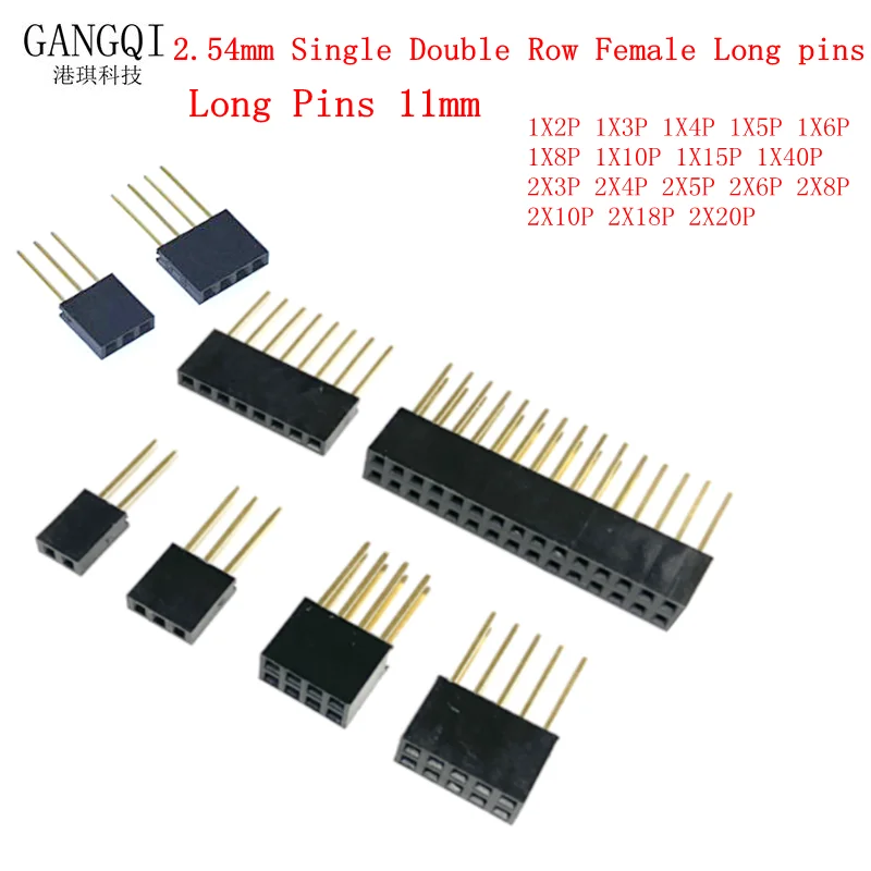 PCB 보드 핀 헤더 소켓 커넥터, 아두이노 커넥터 소켓용, 싱글 더블 로우 암 롱 핀, 10 개, 2.54mm, 11mm, 2 ...