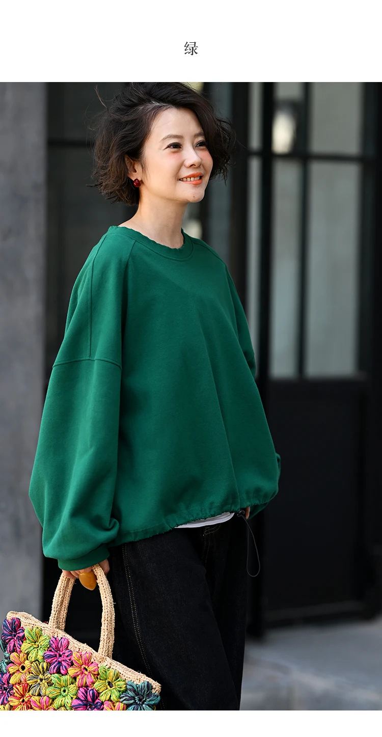 R7151C Artistic Retro Brushed Drawstring Round Neck Pullover Loose Batwing Sleeve Short Sweatshirt for Women Autumn