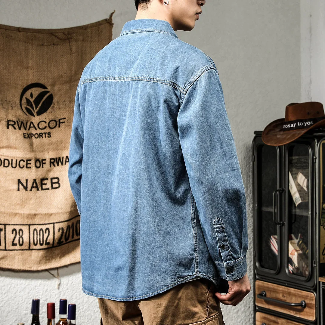 Spring Season Trendy Versatile Casual American Style Vintage Denim Long Sleeve Shirt Men's Wearins Trendy Flowers Printing