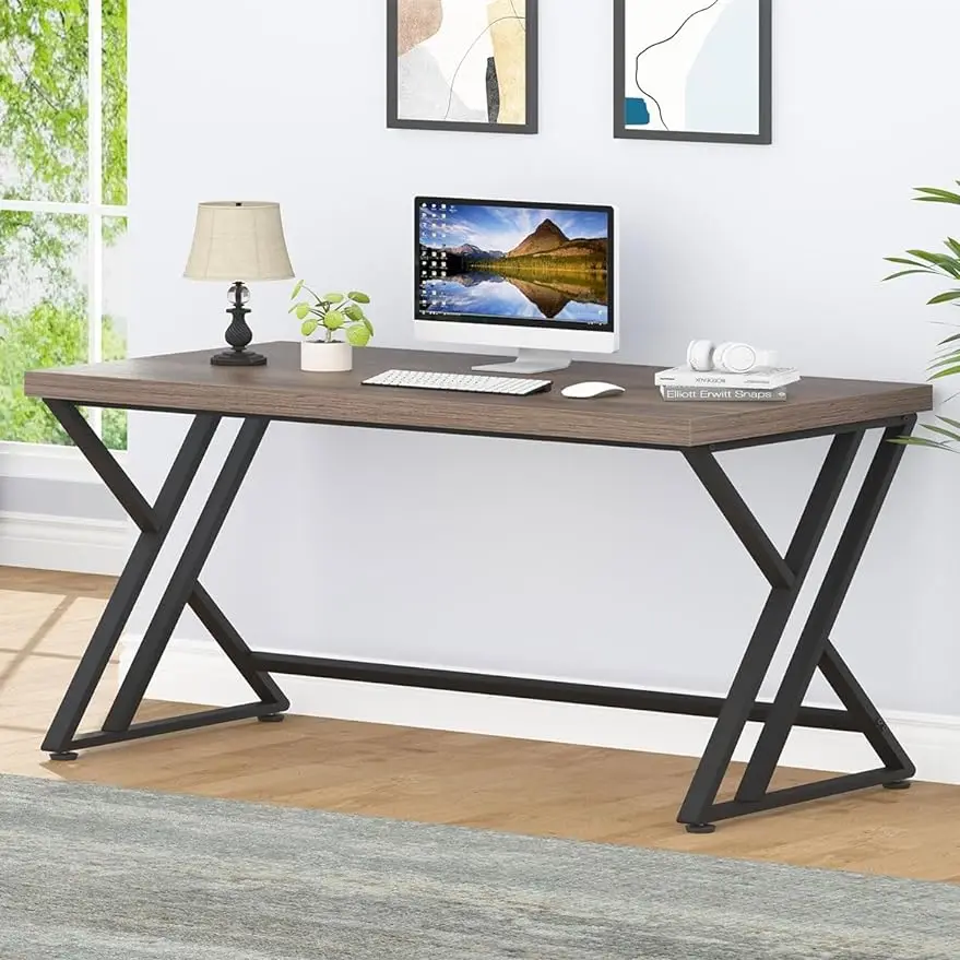 

LVB Long Computer Desk, Big Industrial Home Office Desk with Storage, Large Metal Wood Writing Study Computer Table for Bedroom,