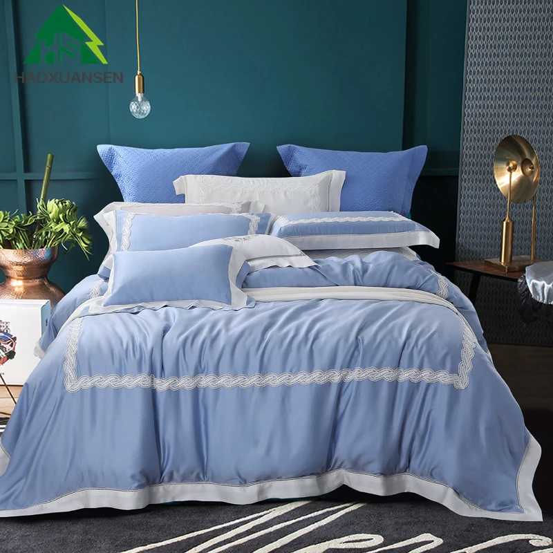 

Небесно-голубые комплекты постельного белья, пододеяльник, наволочка, простыни, покрывало, наволочка из лиоцелловой ткани, элегантный кружевной дизайн, Королевский размер