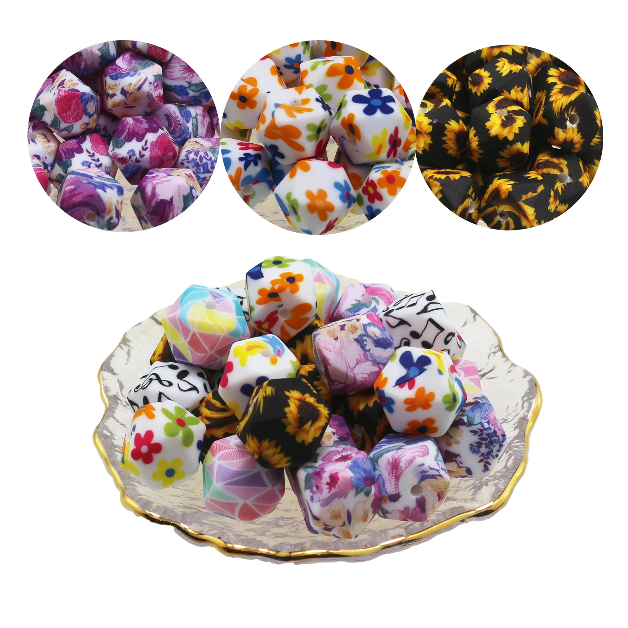 

100pc 13mm 17mm Silicone Beads Hexagon Leopard Print Cow Musice Camo Bpa Free Teether Diy Teething Toy Baby Chewable Accessories