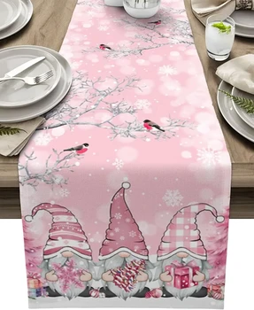 Gnome Snowflake Table Runner, Christmas Party Decoration Linen Scarf for Holiday Dining Events and Festive Celebrations