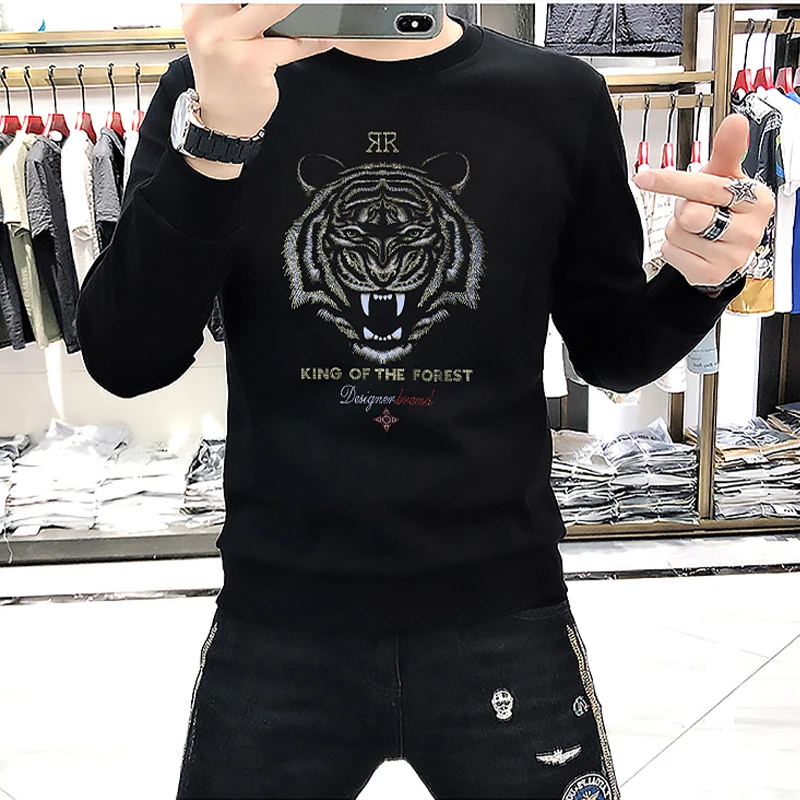 

Новинка 2022, мужской свитер, популярный Властелин со стразами, голова тигра, модная брендовая флисовая толстовка, удобный мужской пуловер с длинным рукавом, одежда