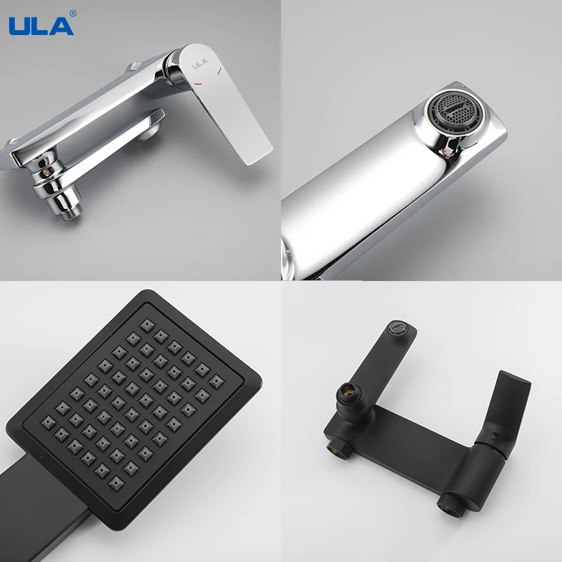 ULA Black Bathtub Faucet Brass Bathroom Shower Faucet with Swivel Tub Spout Shower Mixer Tap with Handheld Shower Mixing Valve 5