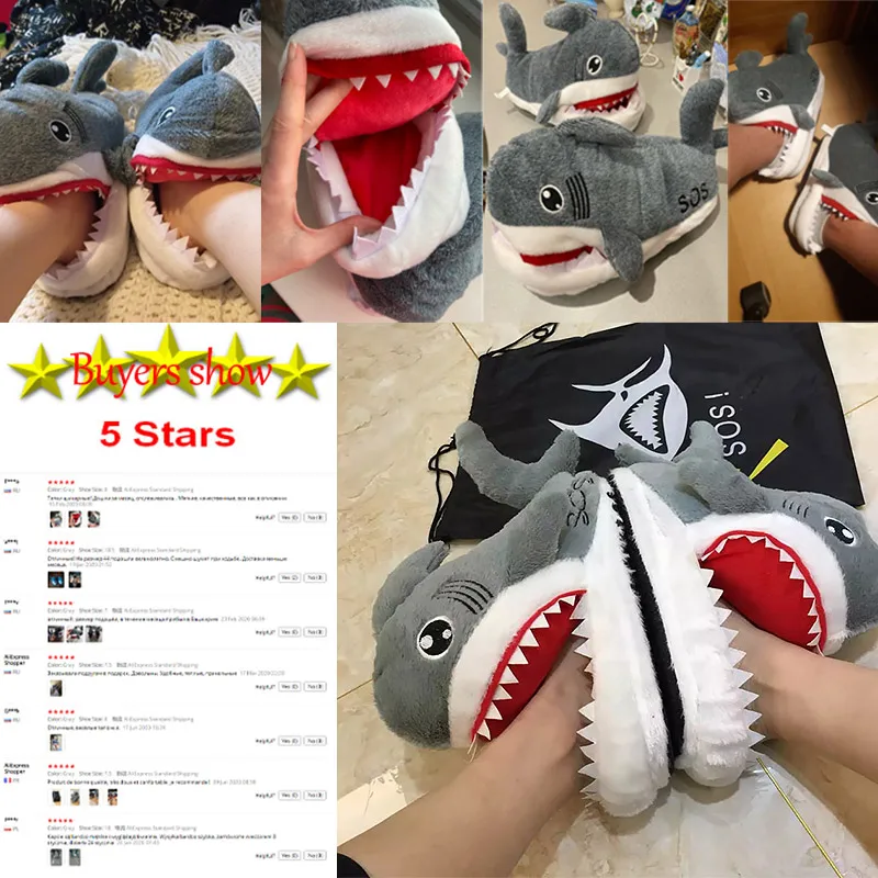 Designer Funny Shark Slippers Women Winter Plush Warm Shoes Cartoon Shark Fur Shoes Lovely Indoor Slippers Men Winter Home Shoe