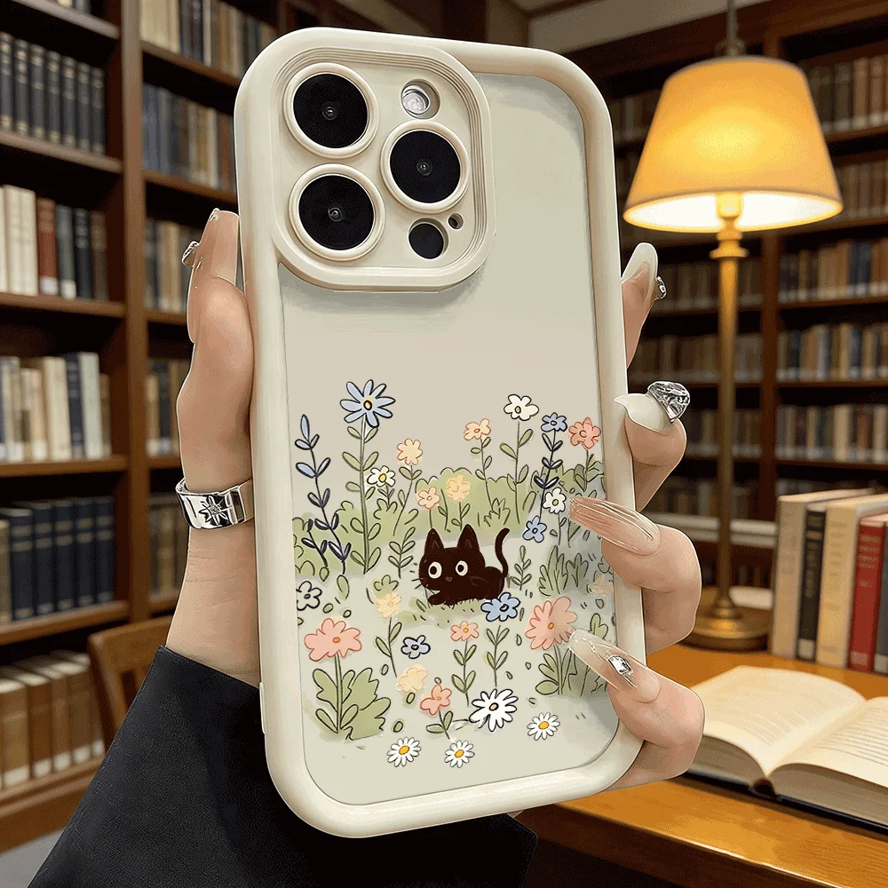 Charming Black Cat Floral Soft TPU Shockproof Case - Anti-Fall Protective Back Cover