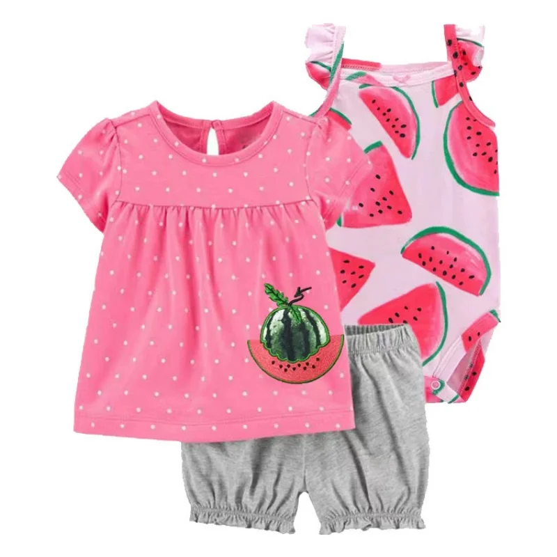 Newborn Baby Girls Summer Cute Bebe Children Clothing Set Short Sleeve +Shorts+Sling jumpsuit Toddler Girls Clothing 3Pcs Outfit