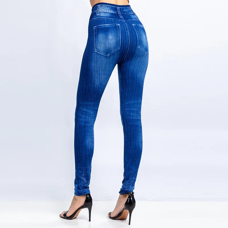 Frauen gestreiften Druck falsche Jeans hohe elastische schlanke Leggings im Freien tragen laufen hohe Taille sexy Hüftlift Mode Yoga Strumpfhosen – Detail 11