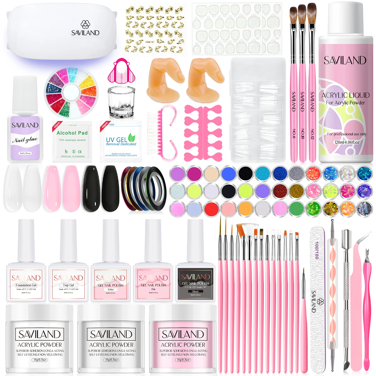 Kit de uñas acrílicas, polvo acrílico y juego de pinceles para uñas acrílicas, capa superior y base con lámpara UV para decoración de uñas en casa