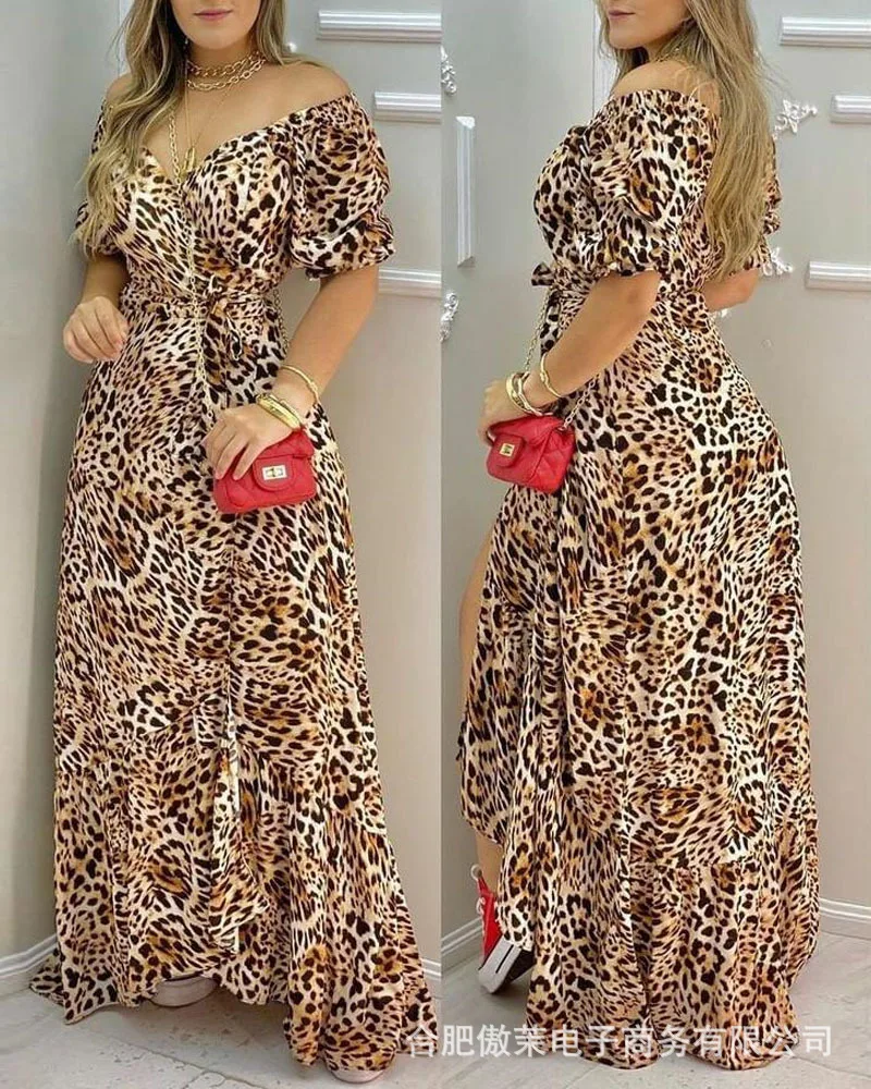 

Leopard Print Split Thigh Wrap Maxi Dress Women African Dress Elegant Casual Floral Theme Printed Maxi Knee Length Dress