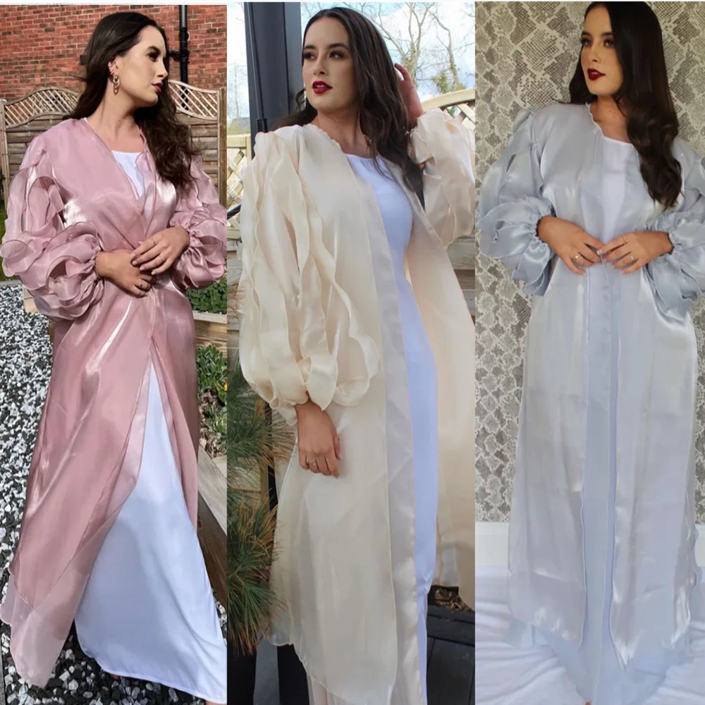 Eid Satin Abaya Kimono Summer Elegant Puff Petal Sleeve Muslim Hijab Dress Open Abaya for Women Dubai Islamic Turkey Kaftan Robe