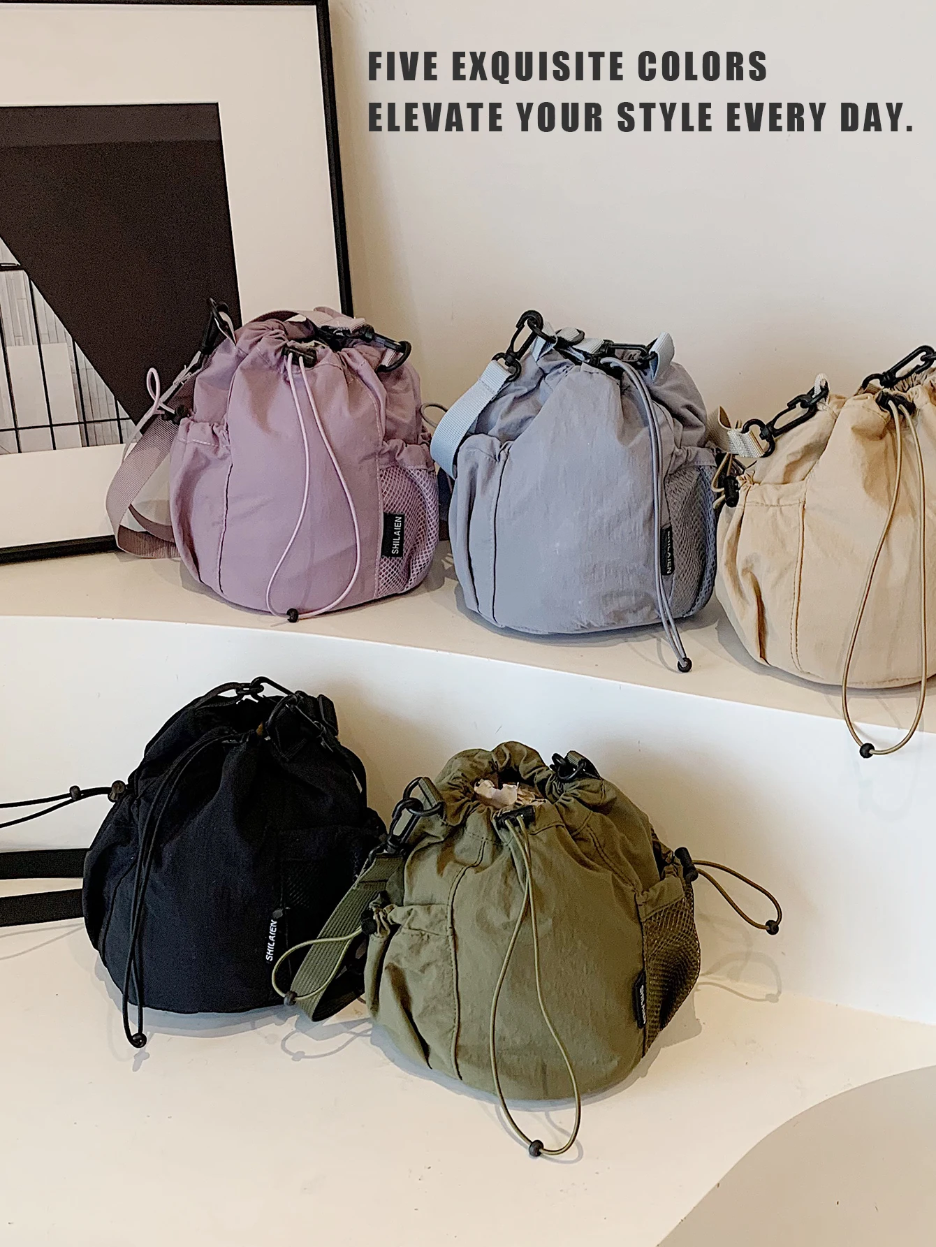 Khaki Casual Women\'s Foldable Bucket Drawstring Backpack Outdoor Nylon Drawstring Bucket Bag main image 4