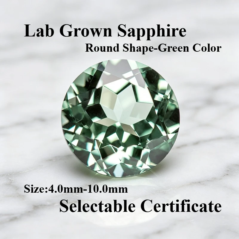 Hochwertiger Labor-Saphir in runder Form, grüner Edelstein für DIY-Schmuck, Ringe, Ohrringe, mit wählbarem Zertifikat